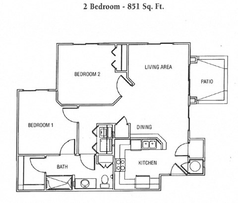 A floor plan of a 2 bedroom, 851 sq. ft. apartment.